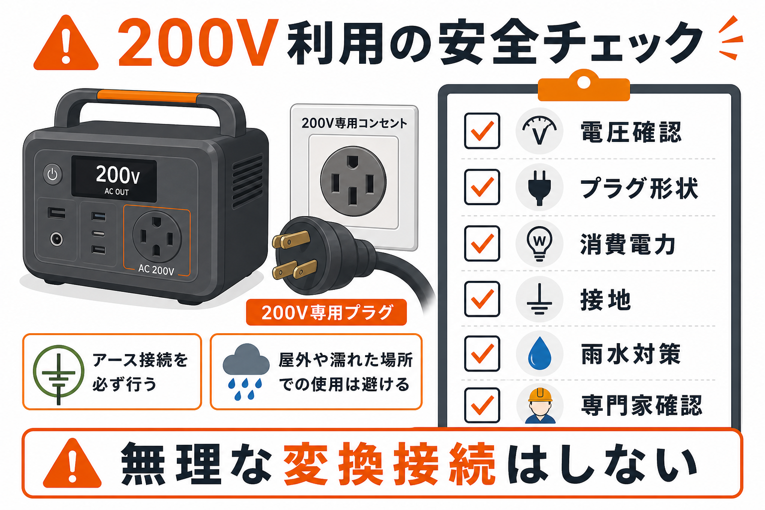 200V出力対応ポータブル電源の安全チェックをまとめたインフォグラフィック
