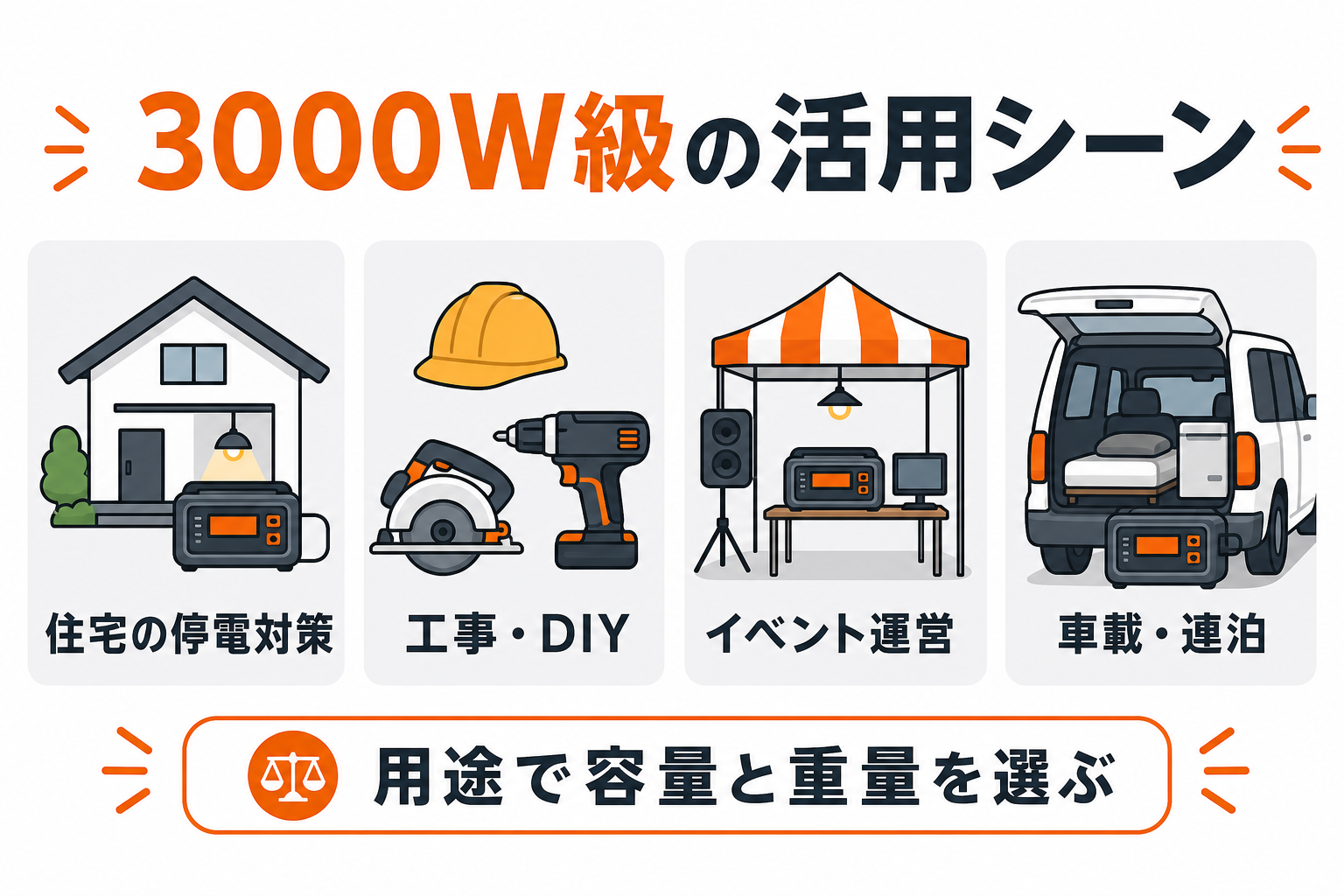 3000W級ポータブル電源の活用シーンをまとめたインフォグラフィック