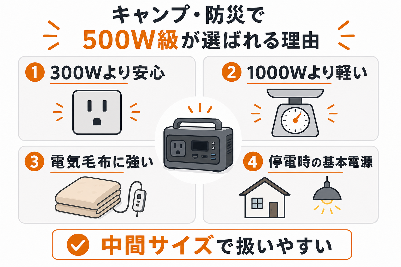 キャンプや防災で500W級ポータブル電源が選ばれる理由をまとめたインフォグラフィック