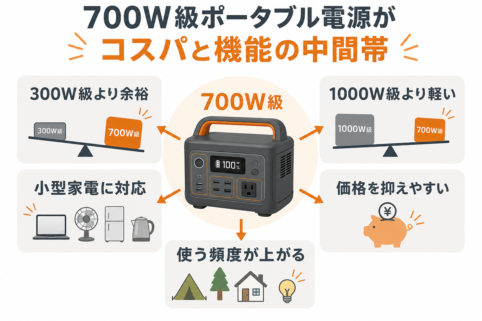 700Wクラスのポータブル電源がコスパと機能の中間帯であることを示したインフォグラフィック