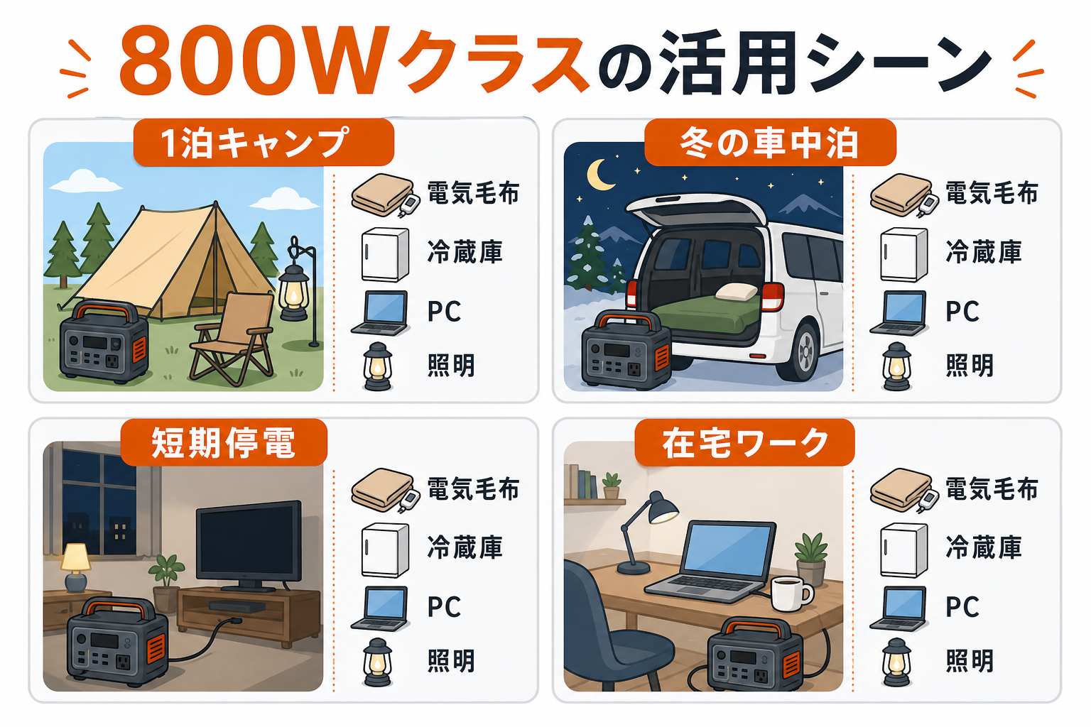 800Wクラスのポータブル電源のキャンプや車中泊での活用シーンをまとめたインフォグラフィック