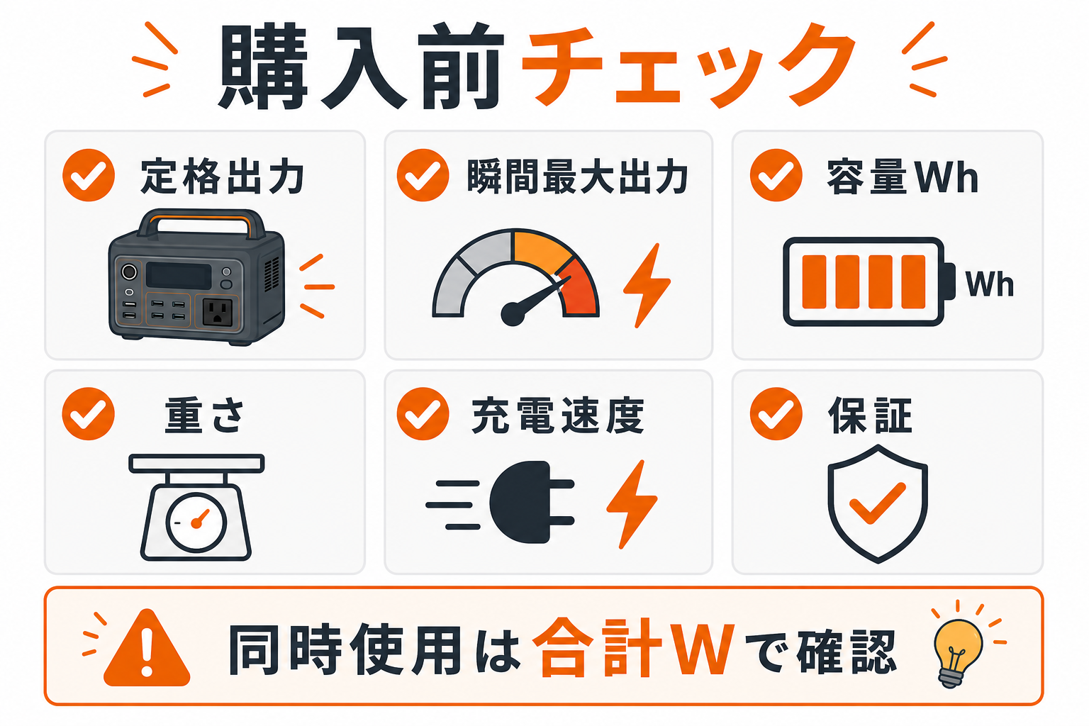 800Wクラスのポータブル電源を選ぶ前に確認したい項目をまとめたインフォグラフィック