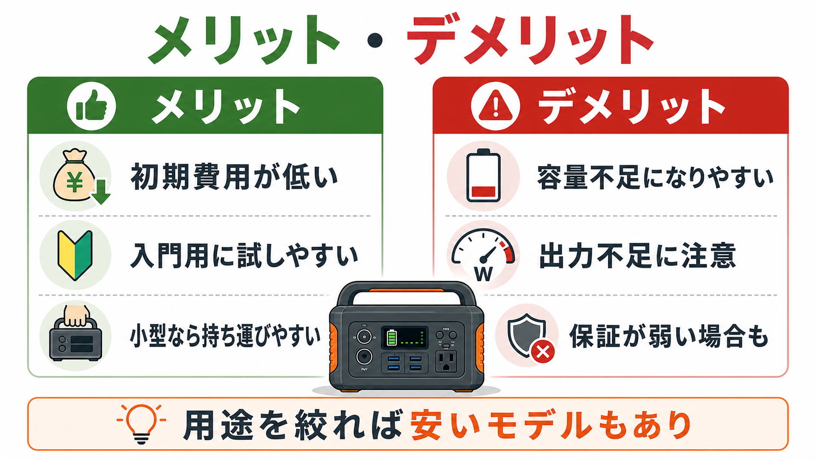 安いポータブル電源のメリットとデメリットを比較するインフォグラフィック