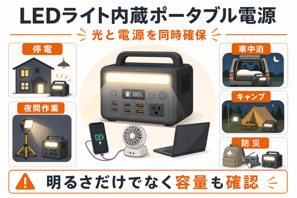 LEDライト内蔵ポータブル電源のメリットと選び方｜停電・アウトドアで光と電源を同時確保