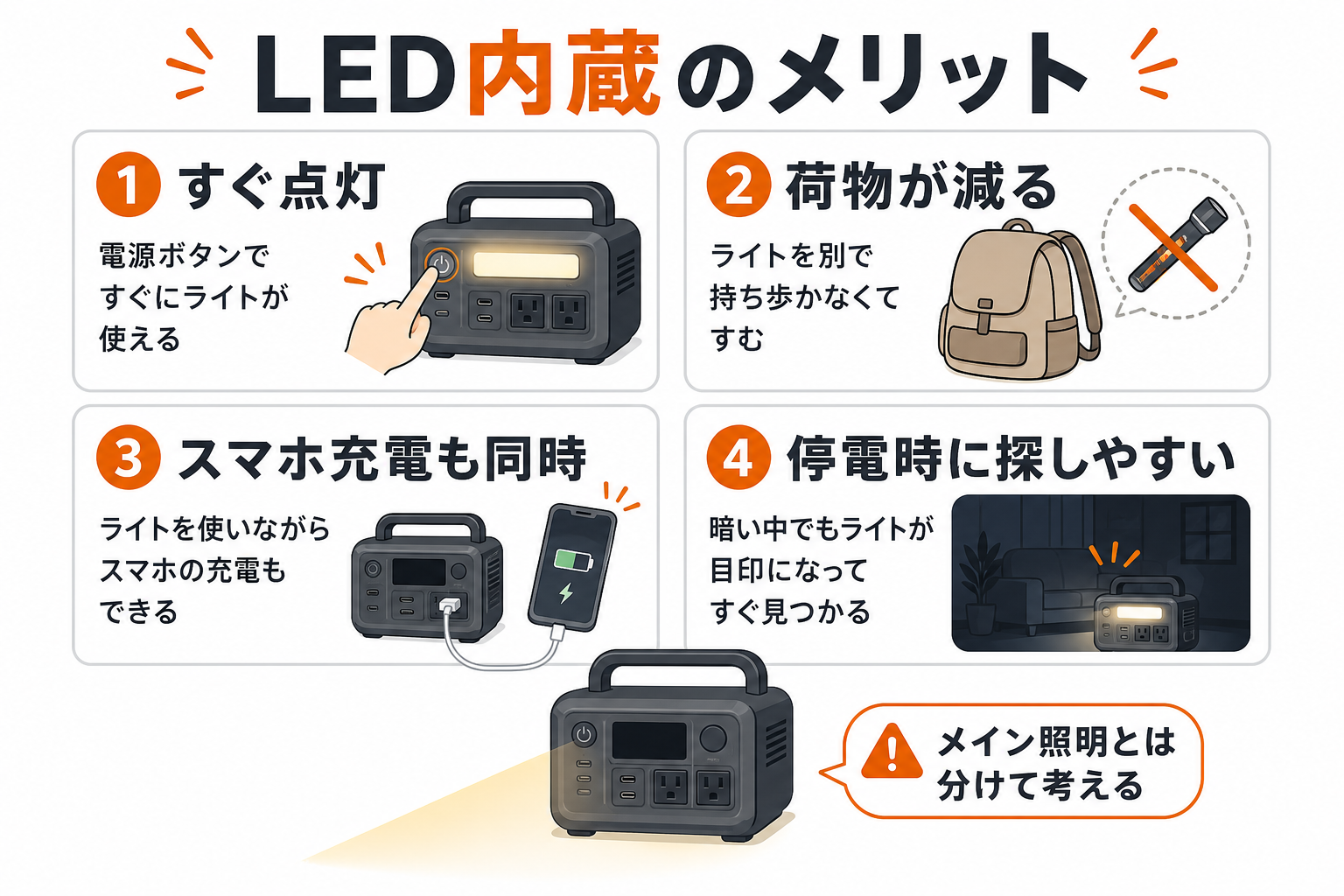 LEDライト内蔵ポータブル電源のメリットを整理したインフォグラフィック