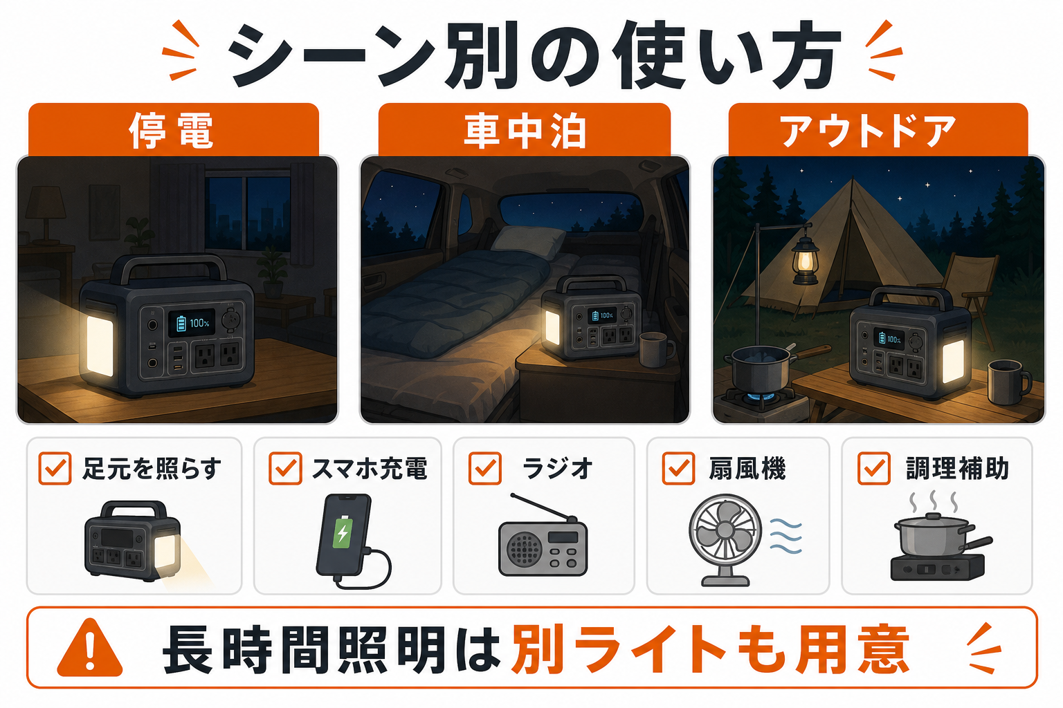 停電や車中泊でLEDライト内蔵ポータブル電源を使う場面をまとめたインフォグラフィック