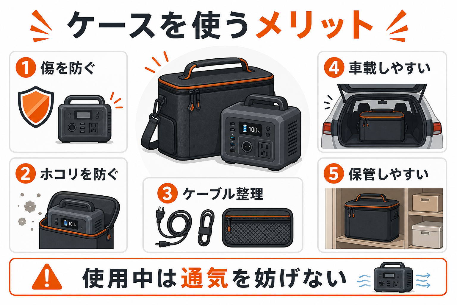 ポータブル電源用ケースを使うメリットを整理したインフォグラフィック