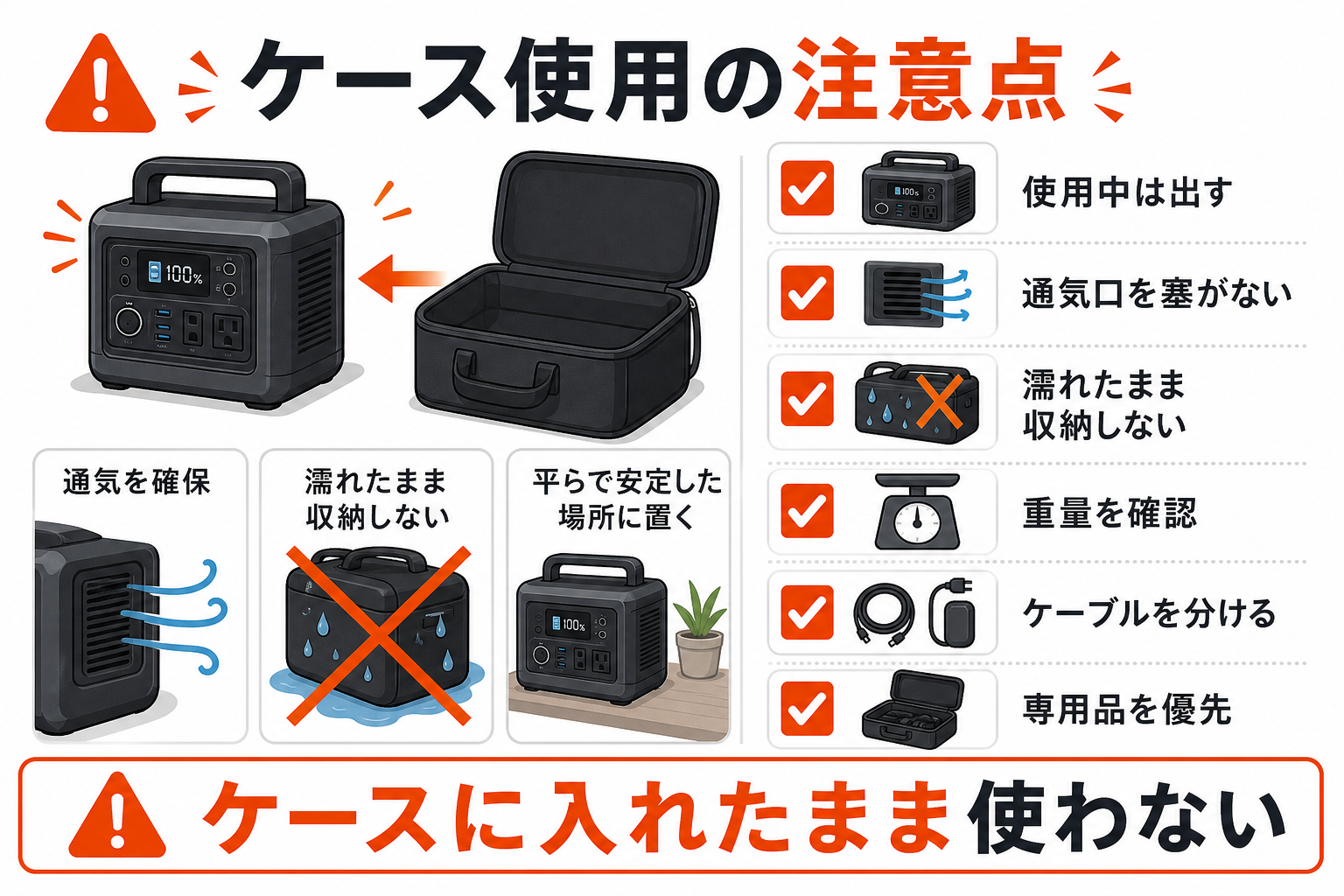 ポータブル電源用ケースを使うときの注意点をまとめたインフォグラフィック