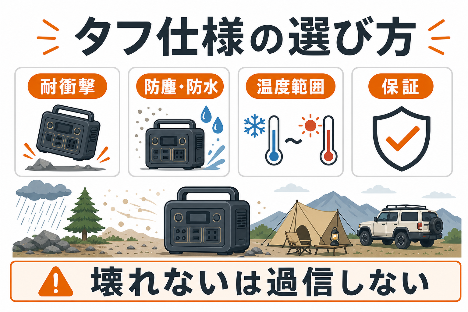 過酷な環境向けのタフ仕様ポータブル電源の選び方をまとめたインフォグラフィック