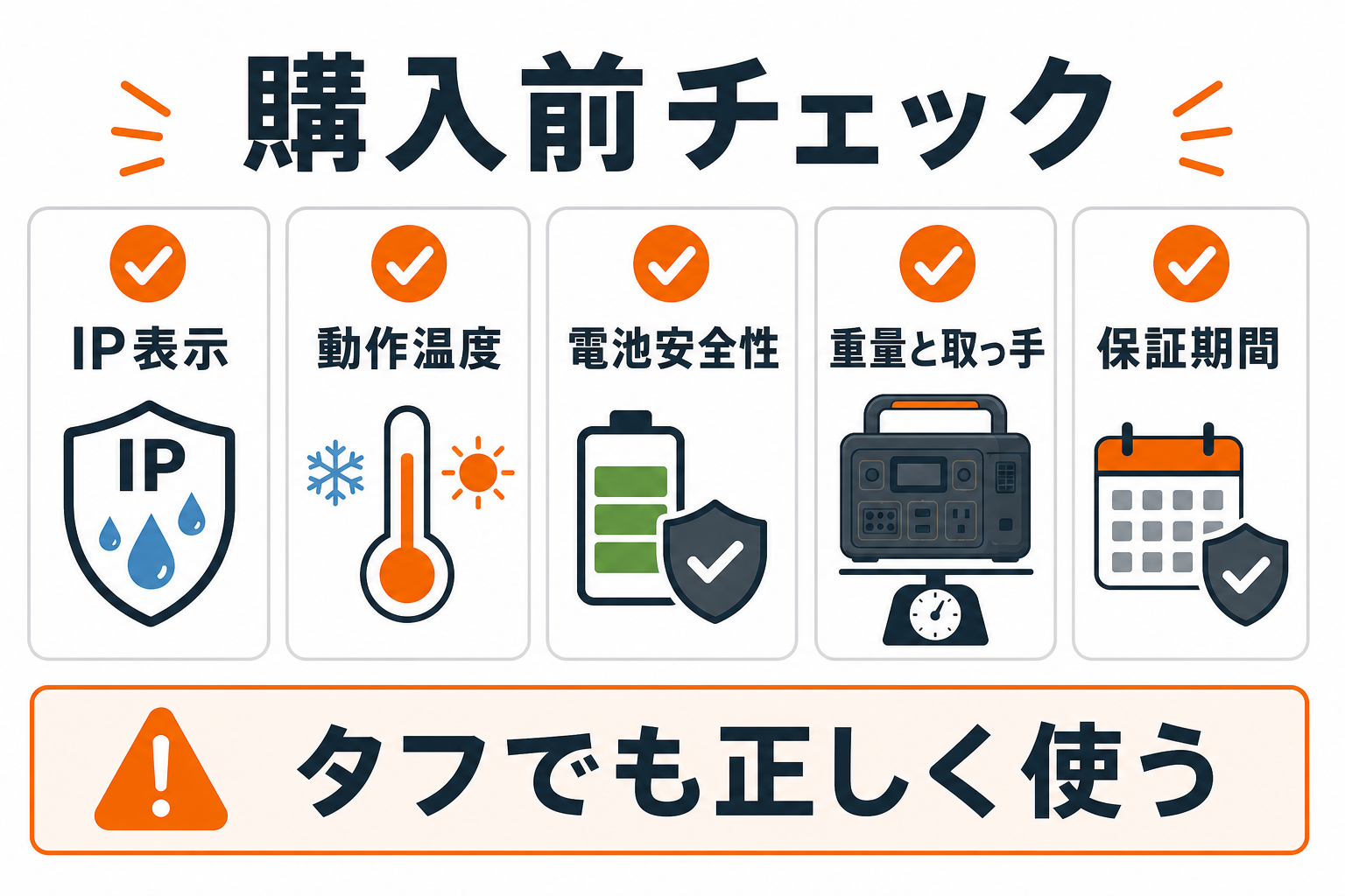 タフ仕様ポータブル電源の購入前チェックをまとめたインフォグラフィック
