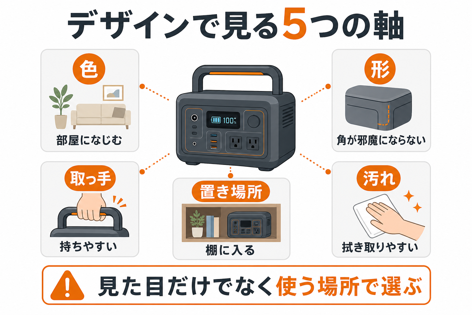ポータブル電源のデザインを見る5つの軸をまとめたインフォグラフィック