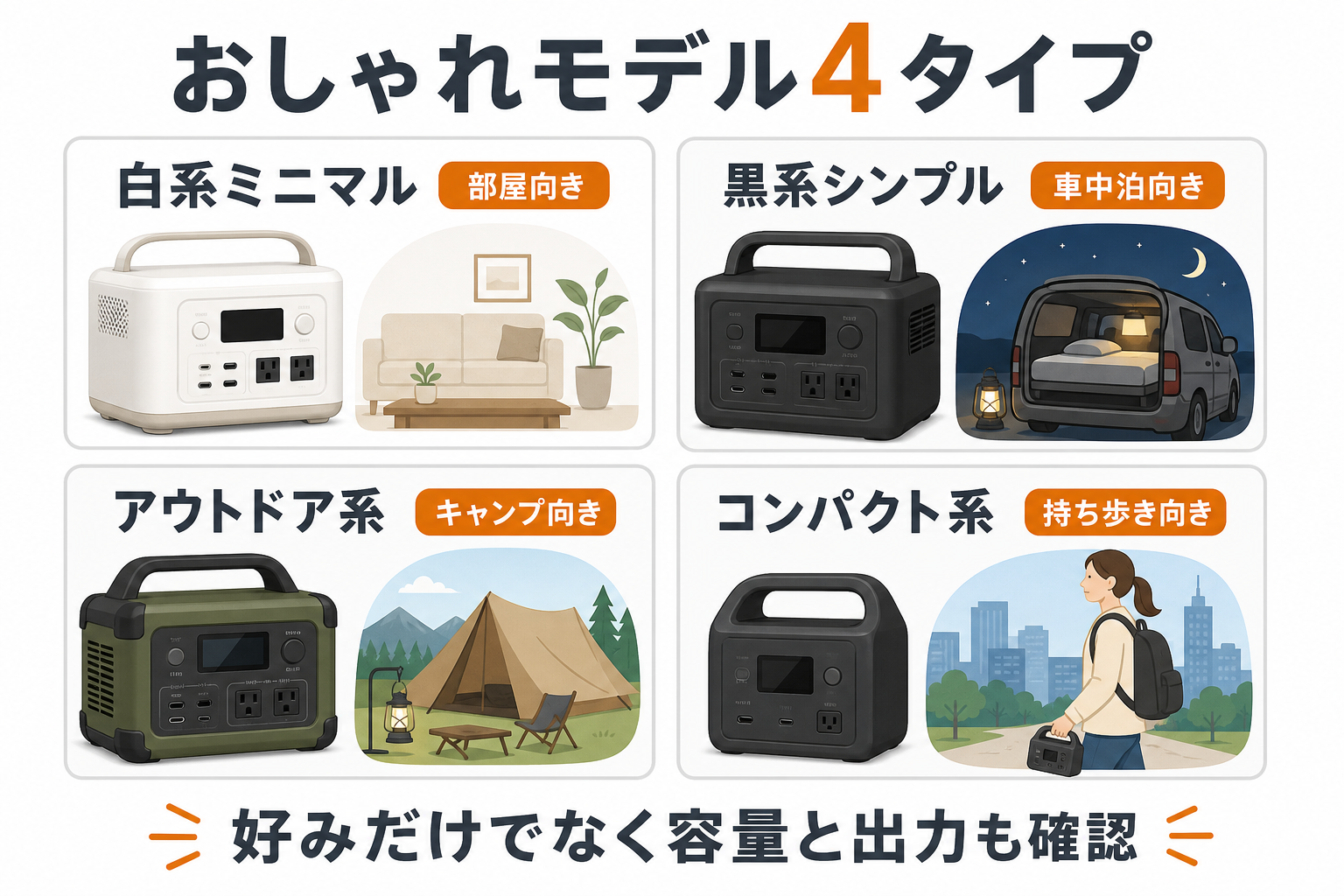 おしゃれなポータブル電源4タイプを比較したインフォグラフィック