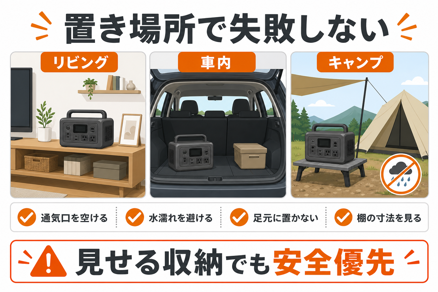 おしゃれなポータブル電源の置き場所で失敗しないためのインフォグラフィック