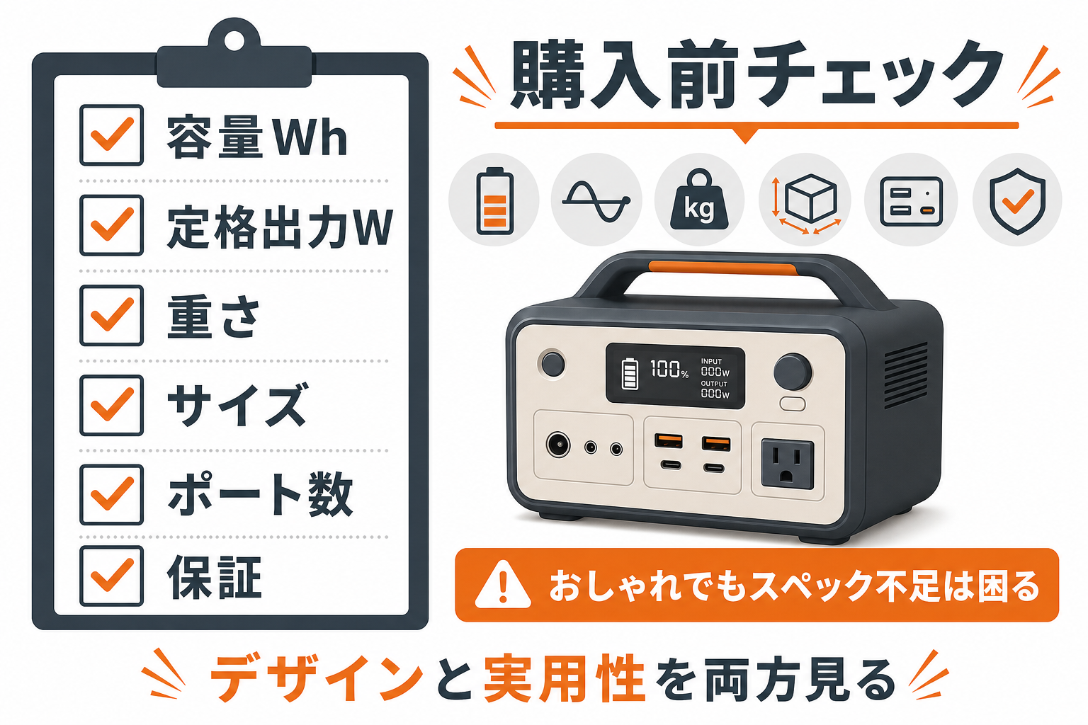 おしゃれなポータブル電源の購入前チェックをまとめたインフォグラフィック