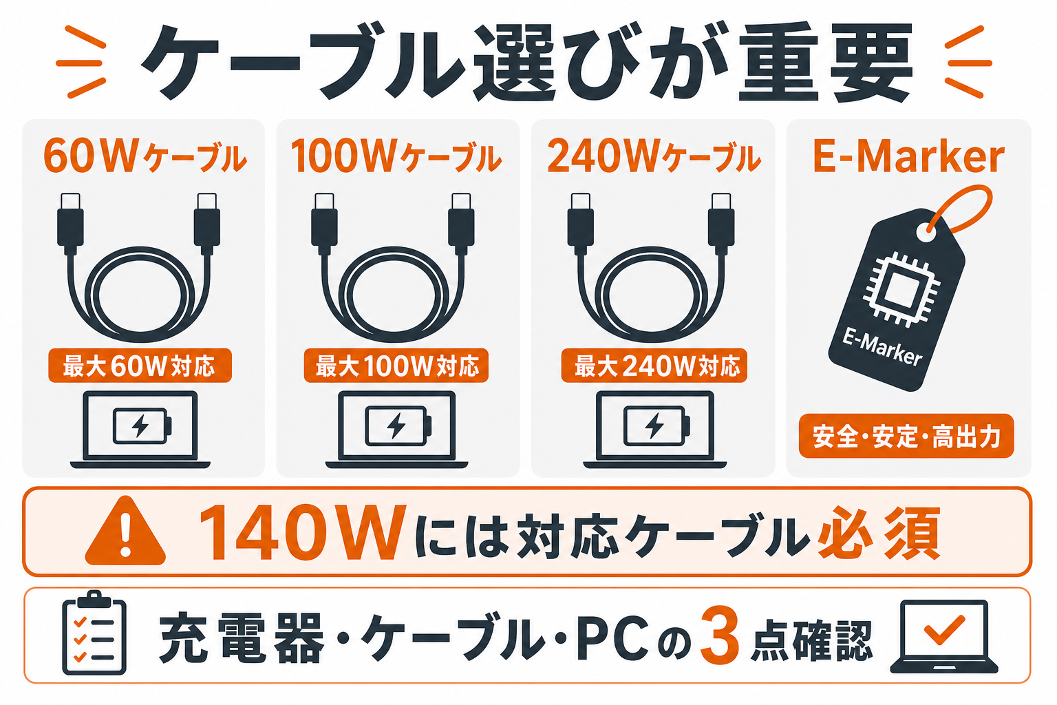 USB-C PD対応ケーブル選びのポイントをまとめたインフォグラフィック