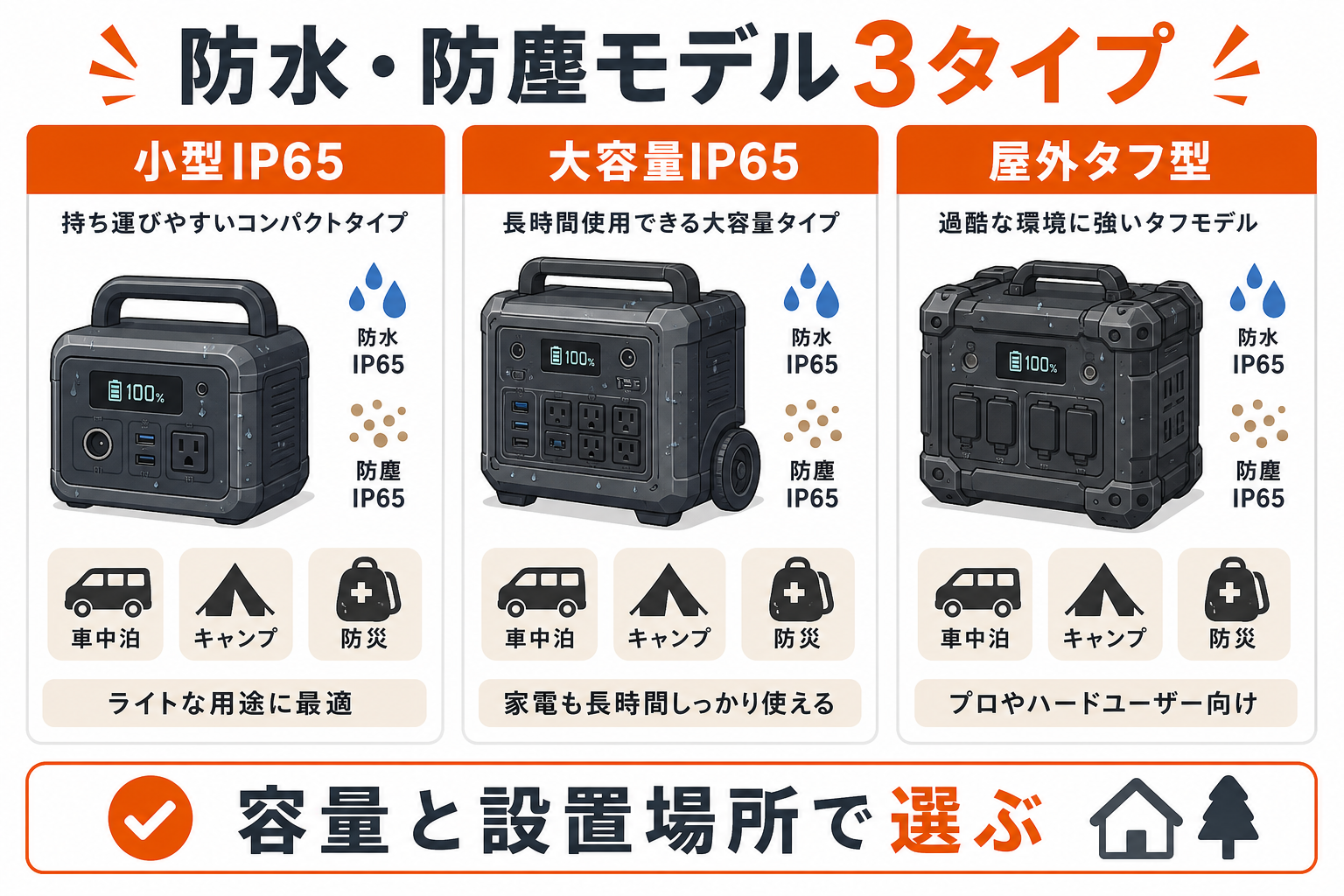 防水・防塵ポータブル電源3タイプを比較したインフォグラフィック