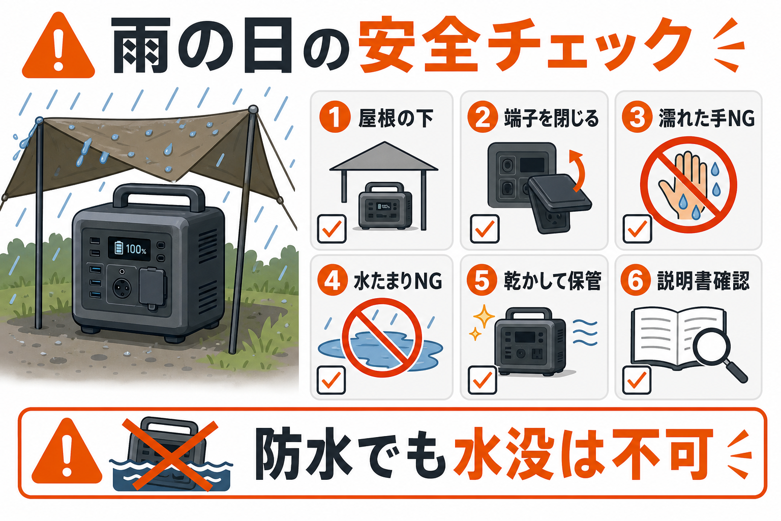 雨の日に防水・防塵ポータブル電源を使う安全チェックをまとめたインフォグラフィック